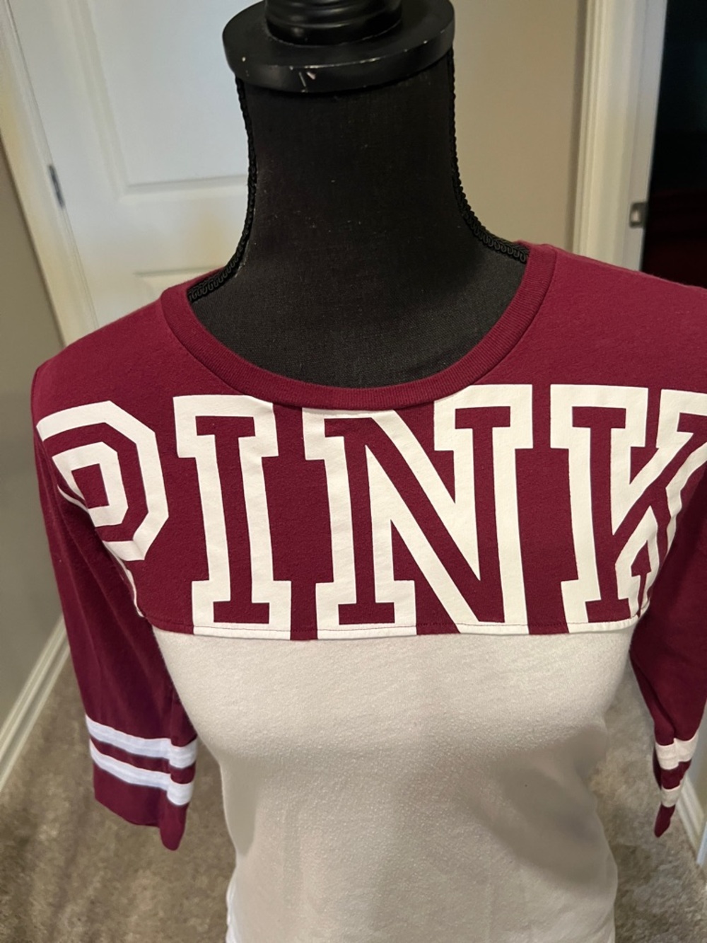 PINK Victoria's Secret Maroon and White Raglan Crewneck Top - Picture 2 of 9